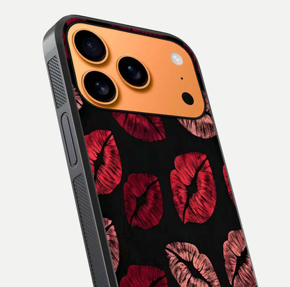 Midnight Kiss Love Glass Case for iPhone 17 Pro Max close-up angle highlighting red accents and reflection shine
