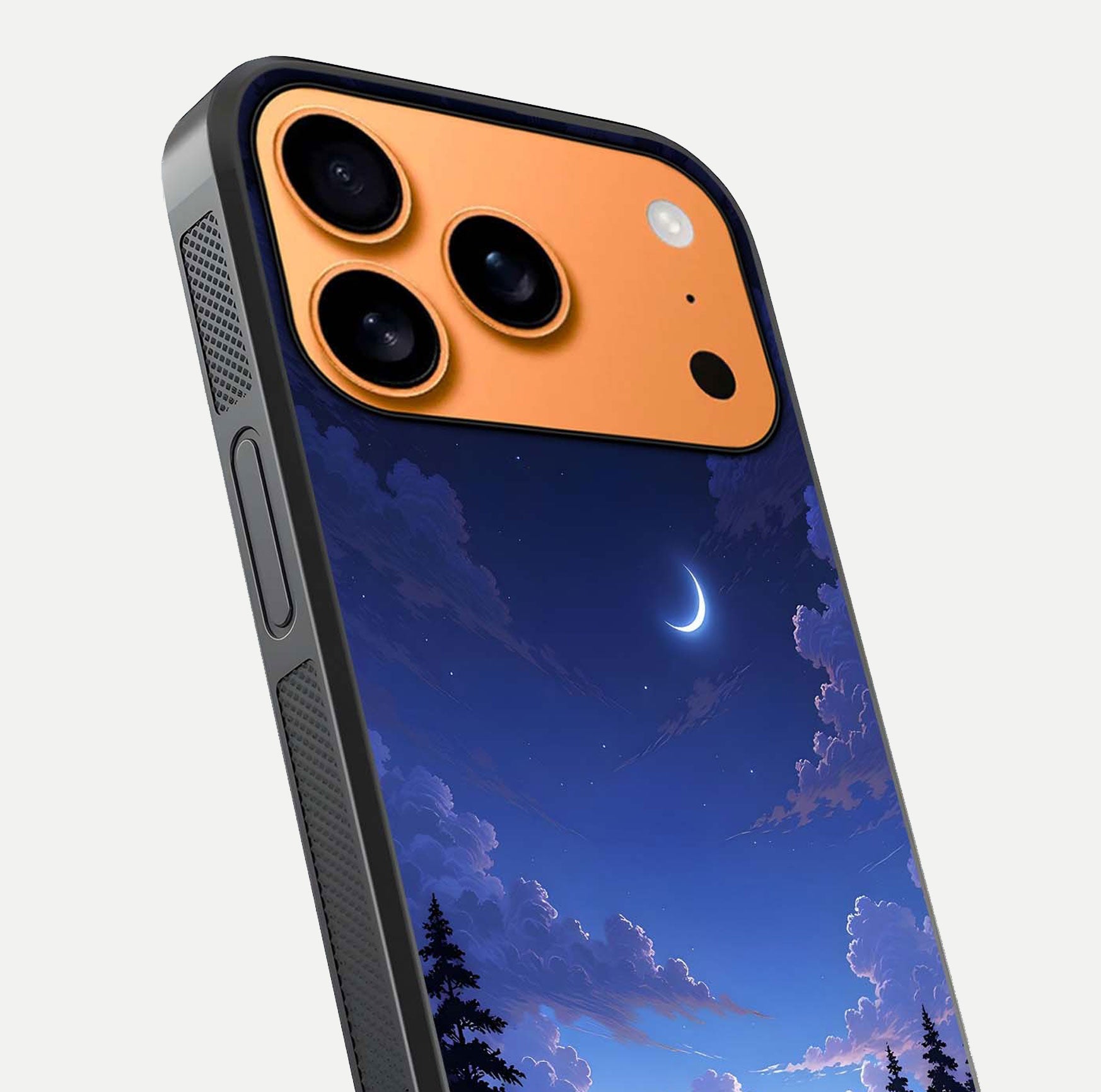 Midnight Lake Peace Glass Case for iPhone 17 Pro Max close-up angled shot showing blue night tones and reflection
