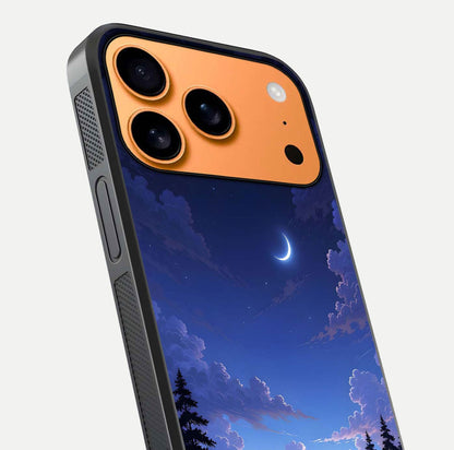 Midnight Lake Peace Glass Case for iPhone 17 Pro Max close-up angled shot showing blue night tones and reflection