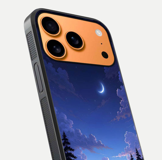 Midnight Lake Peace Glass Case for iPhone 17 Pro Max close-up angled shot showing blue night tones and reflection