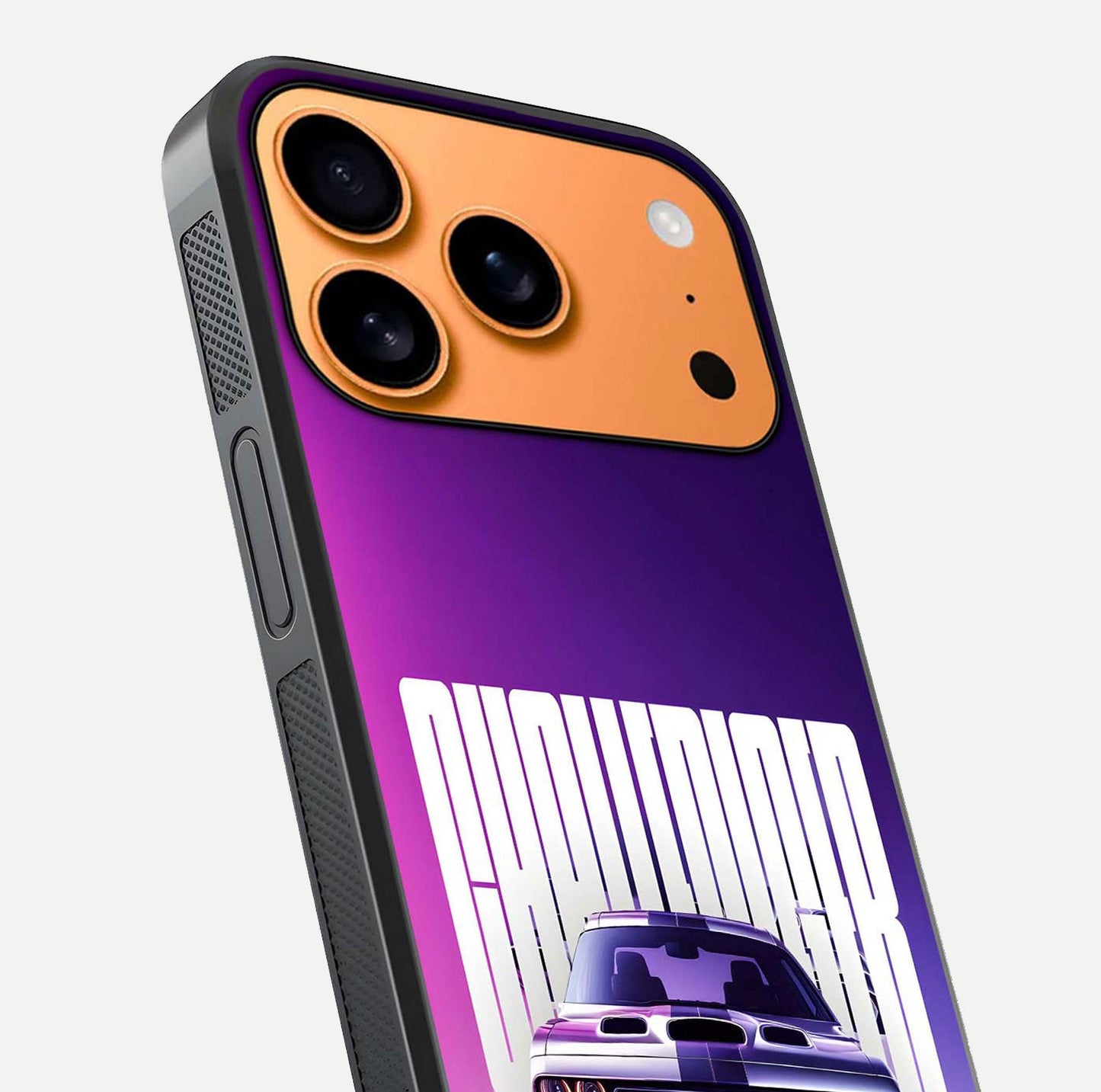 Midnight Muscle Ride Glass Case for iPhone 17 Pro Max close-up angled shot showing HD reflections and car details