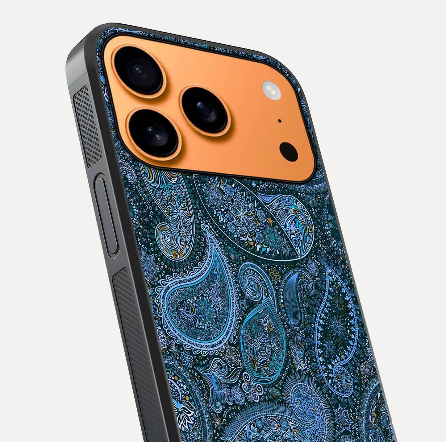 Midnight Paisley Glow Glass Case for iPhone 17 Pro Max close-up angled shot showing floral details and gloss texture
