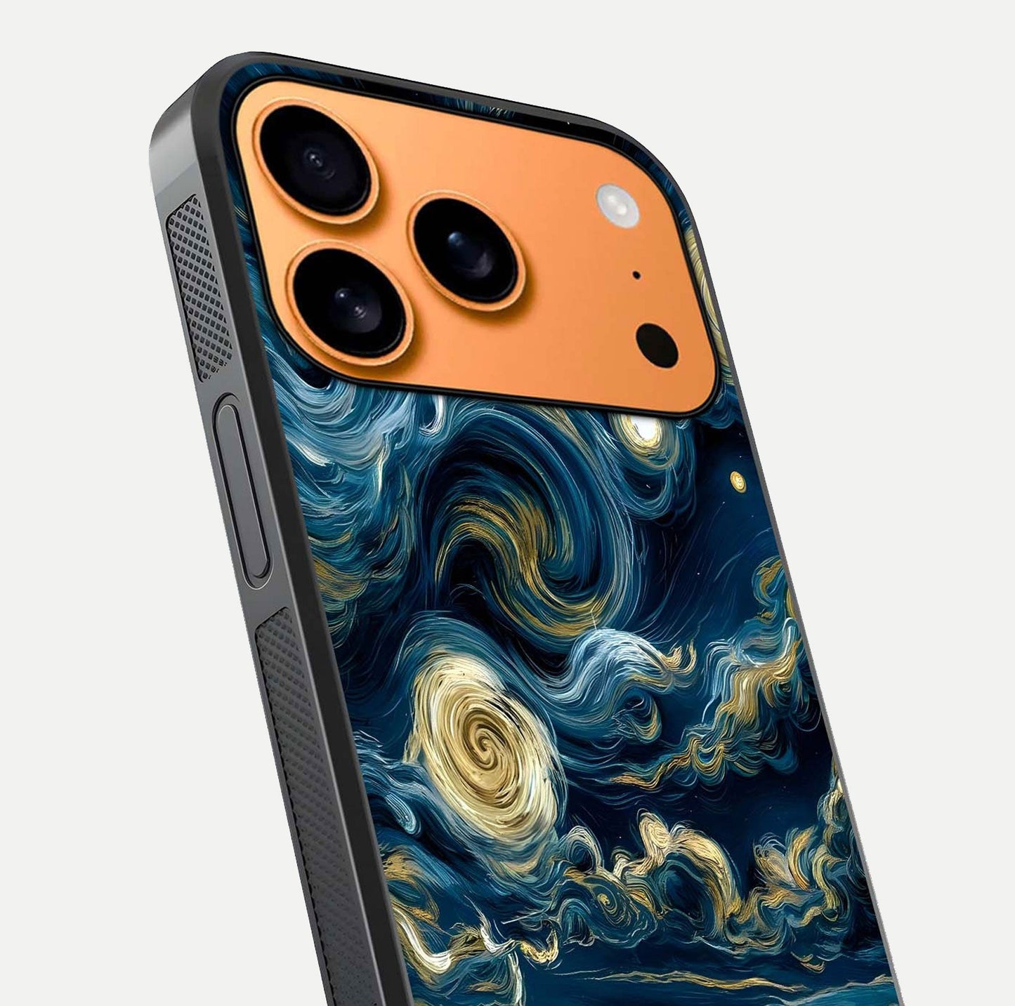 Midnight Sky Whirl Glass Case for iPhone 17 Pro Max close-up angle showing spiral design and HD gloss reflection