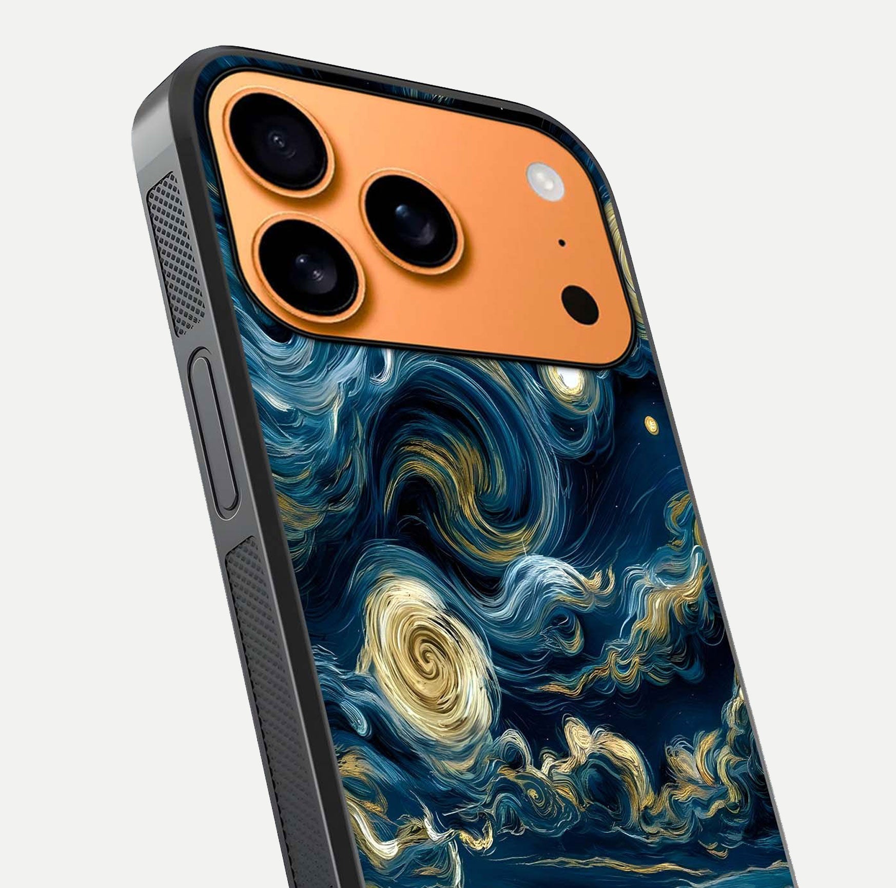 Midnight Sky Whirl Glass Case for iPhone 17 Pro Max close-up angle showing spiral design and HD gloss reflection