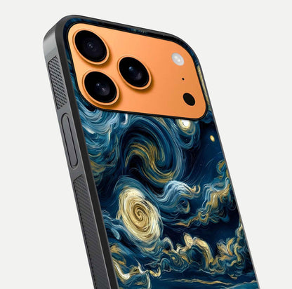 Midnight Sky Whirl Glass Case for iPhone 17 Pro Max close-up angle showing spiral design and HD gloss reflection