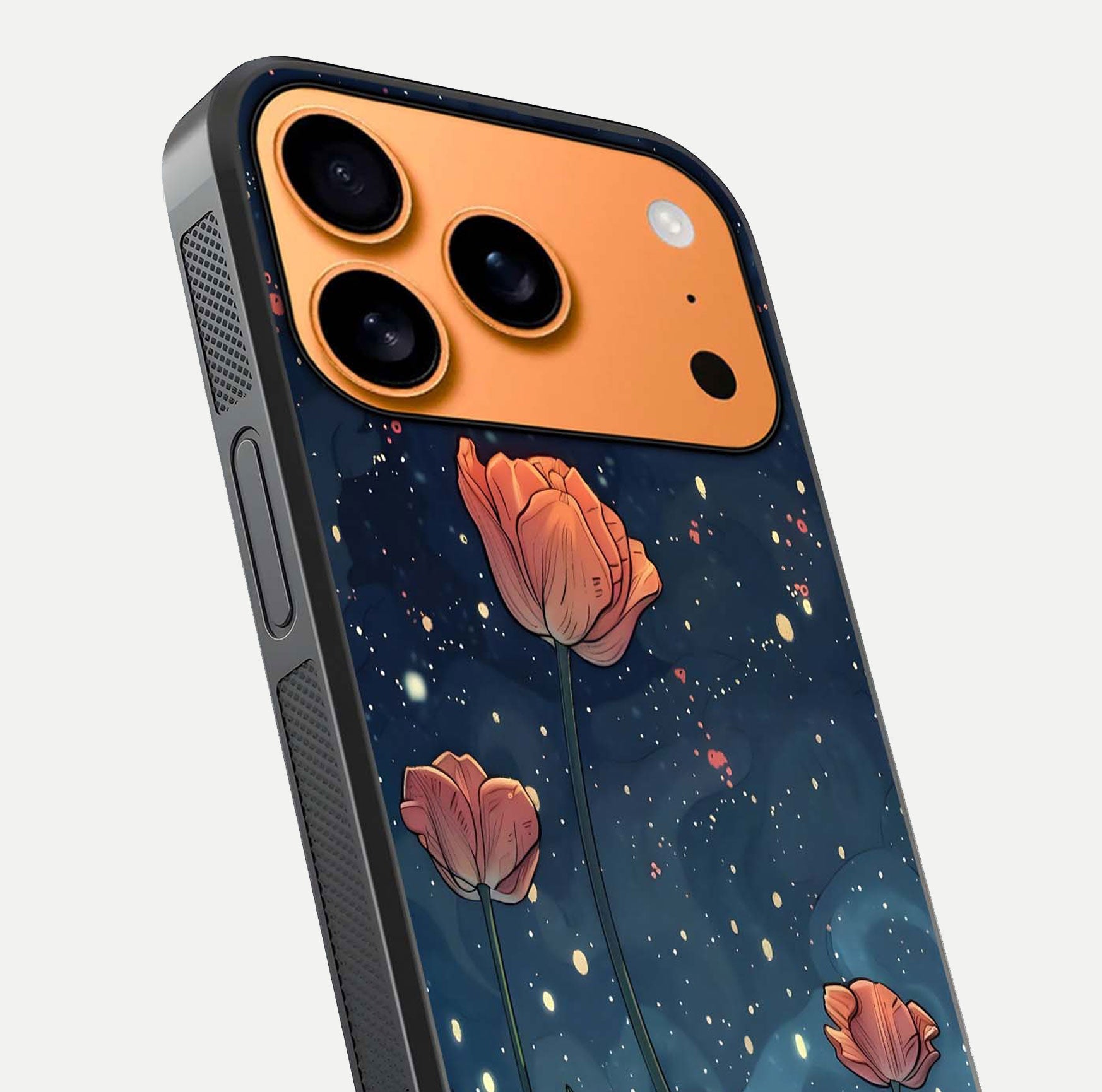 Midnight Tulip Glow Glass Case for iPhone 17 Pro Max close-up angled shot showing petal details and reflection glow