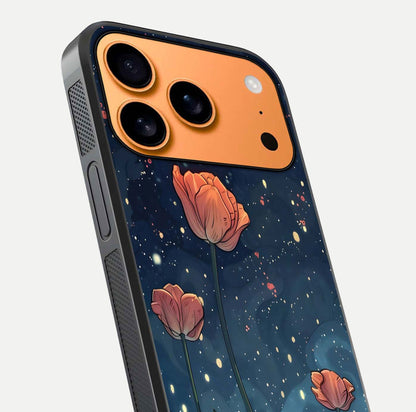Midnight Tulip Glow Glass Case for iPhone 17 Pro Max close-up angled shot showing petal details and reflection glow