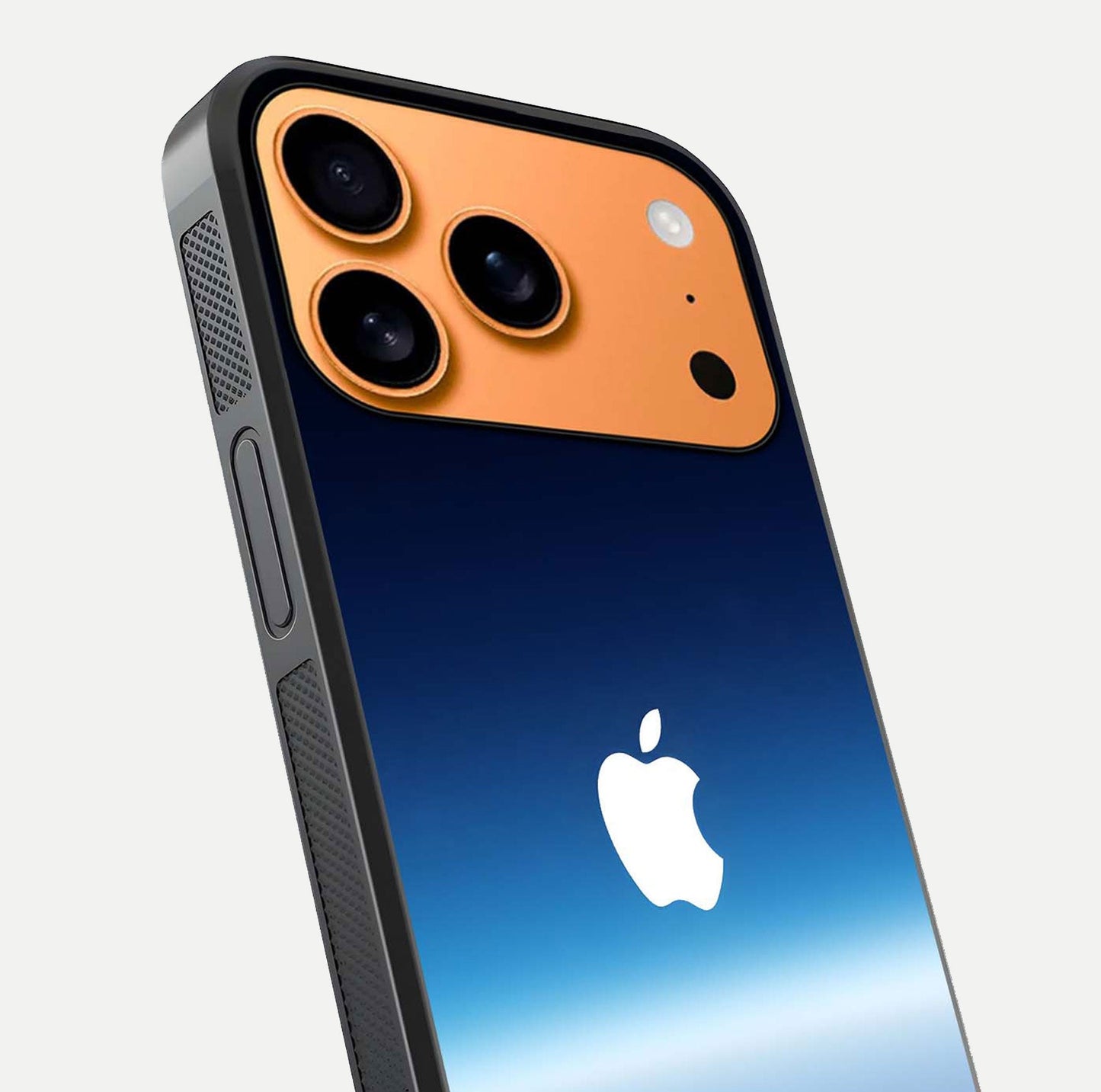 Minimal Apple Sky Glass Case for iPhone 17 Pro Max close-up angled shot showing pastel blue hues and reflection