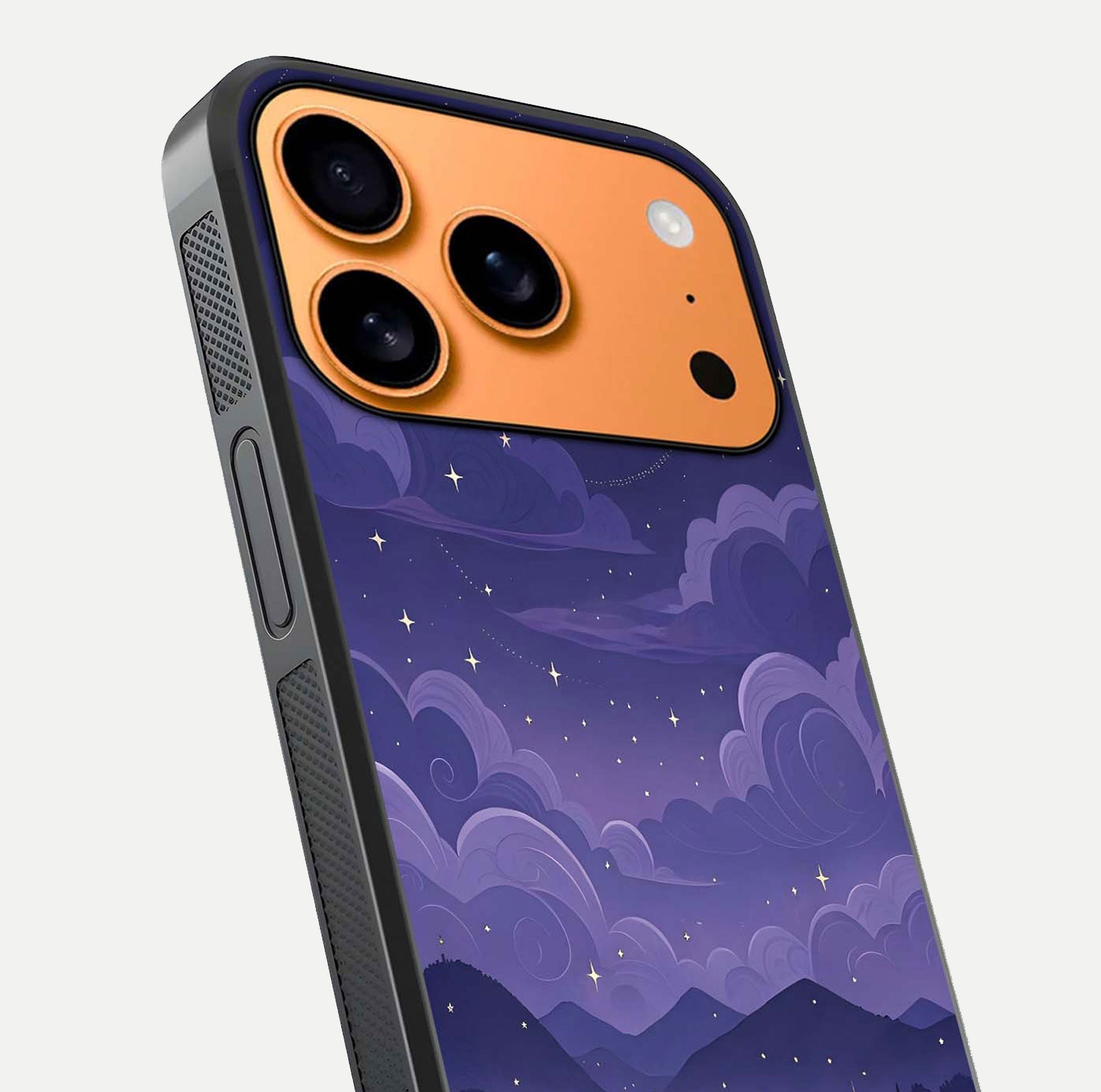 Minimal Night View Glass Case for iPhone 17 Pro Max close-up angled shot showing lights reflection and dark tone details