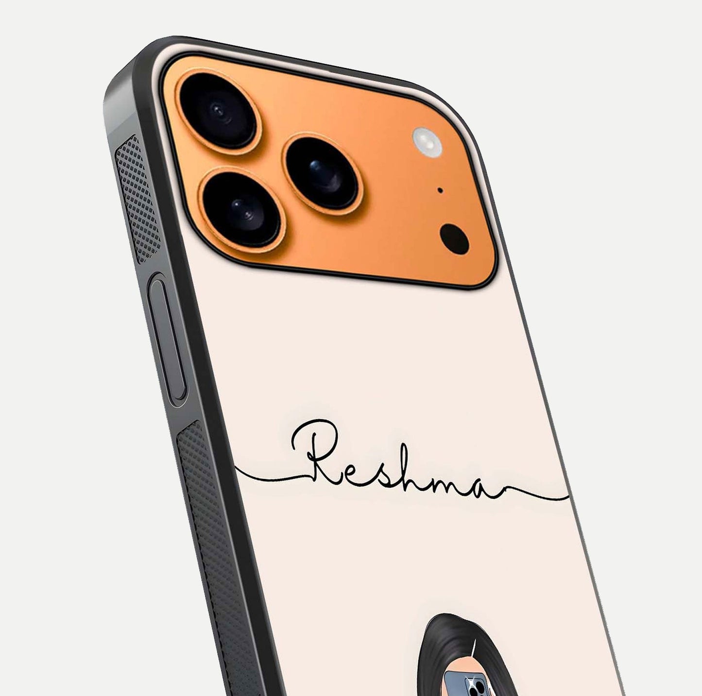 Mirror Mood Muse Custom Name Glass Case for iPhone 17 Pro Max close-up angled shot highlighting gloss and mirror depth