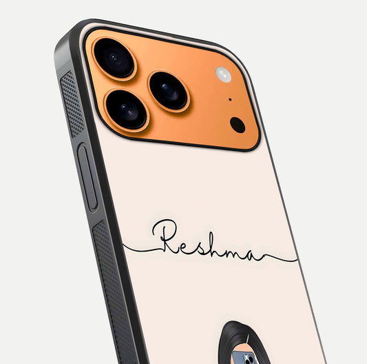 Mirror Mood Muse Custom Name Glass Case for iPhone 17 Pro Max close-up angled shot highlighting gloss and mirror depth