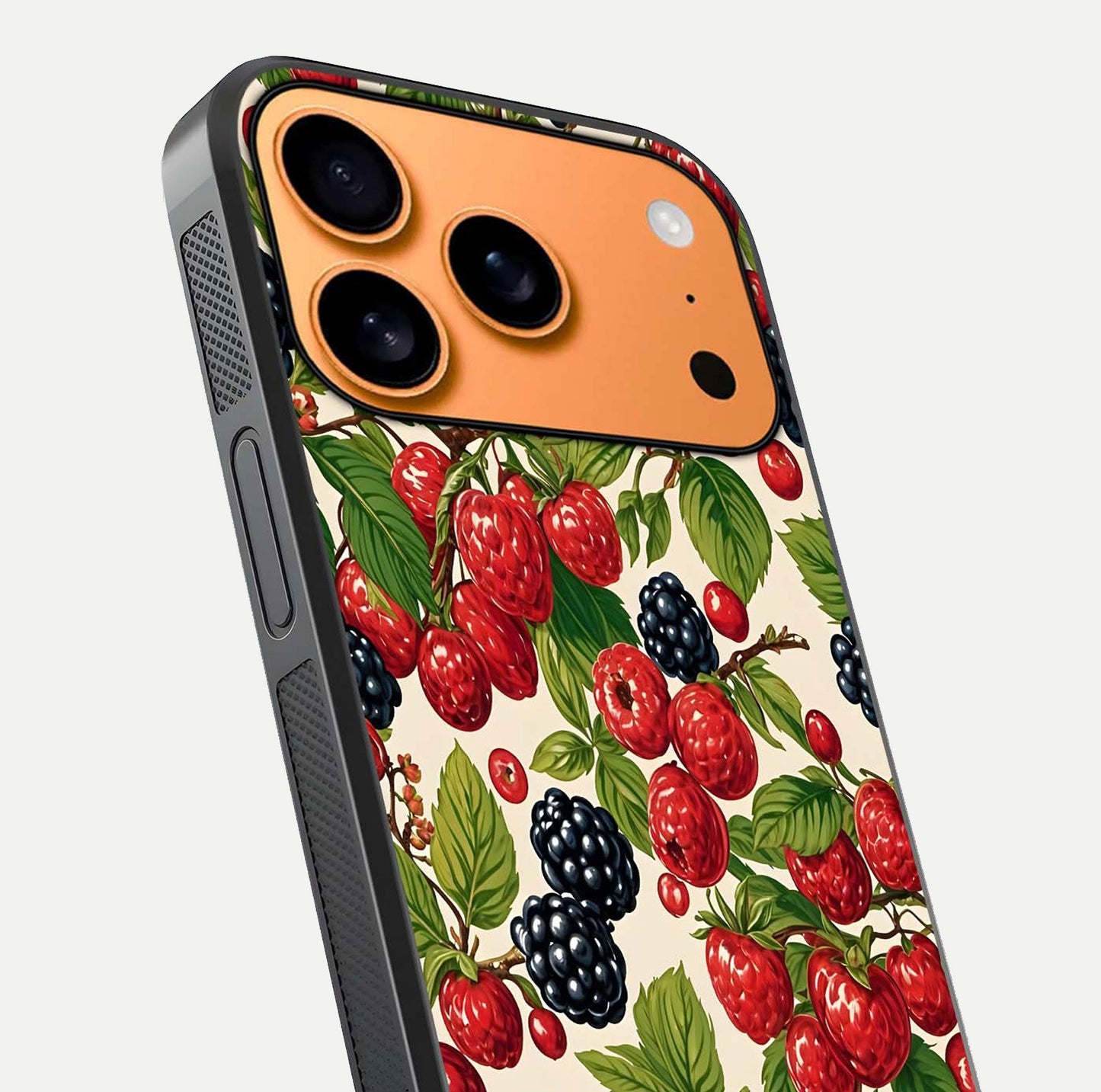 Mixed Berry Collage Glass Case for iPhone 17 Pro Max close-up angled shot showing fruit detail and reflection glow