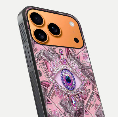 Money Eye Luxe Glass Case for iPhone 17 Pro Max close-up angled shot showing gold detailing and reflection shine