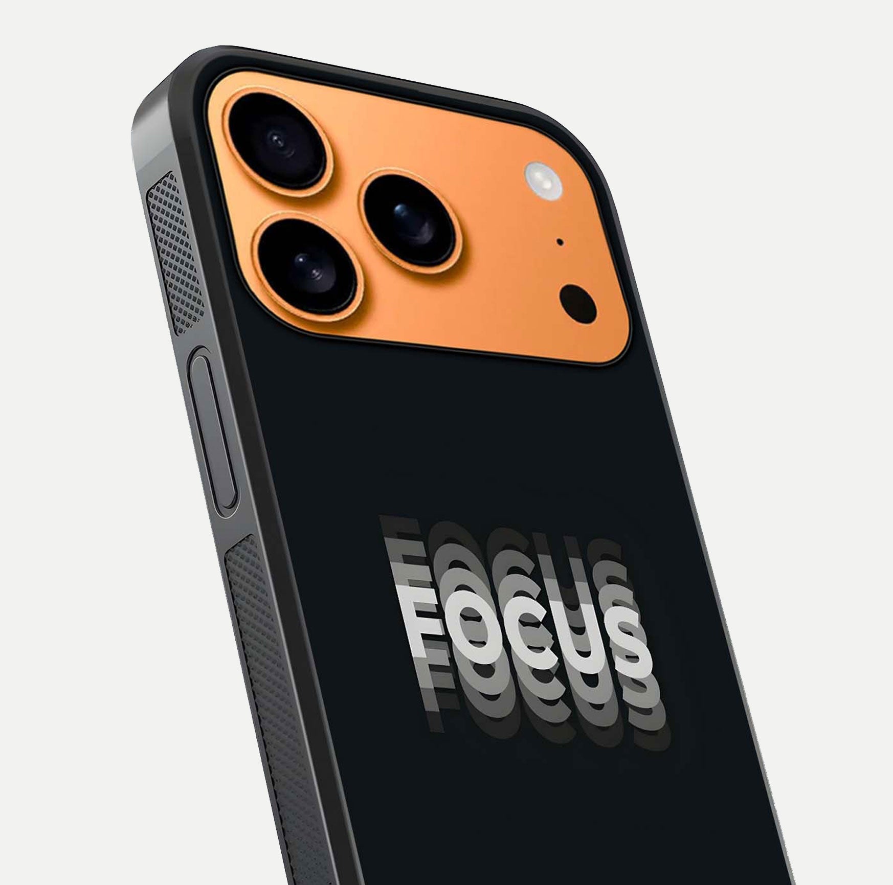 Mono Focus Vision Glass Case for iPhone 17 Pro Max close-up angled shot highlighting minimal contrast and reflection