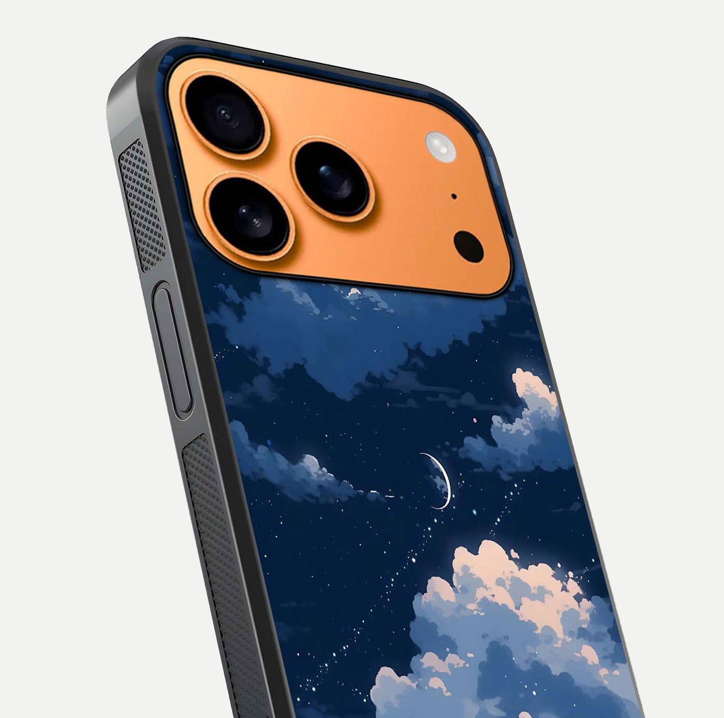 Moon Dream Haze Glass Case for iPhone 17 Pro Max close-up angled shot showing moon reflection and subtle glow