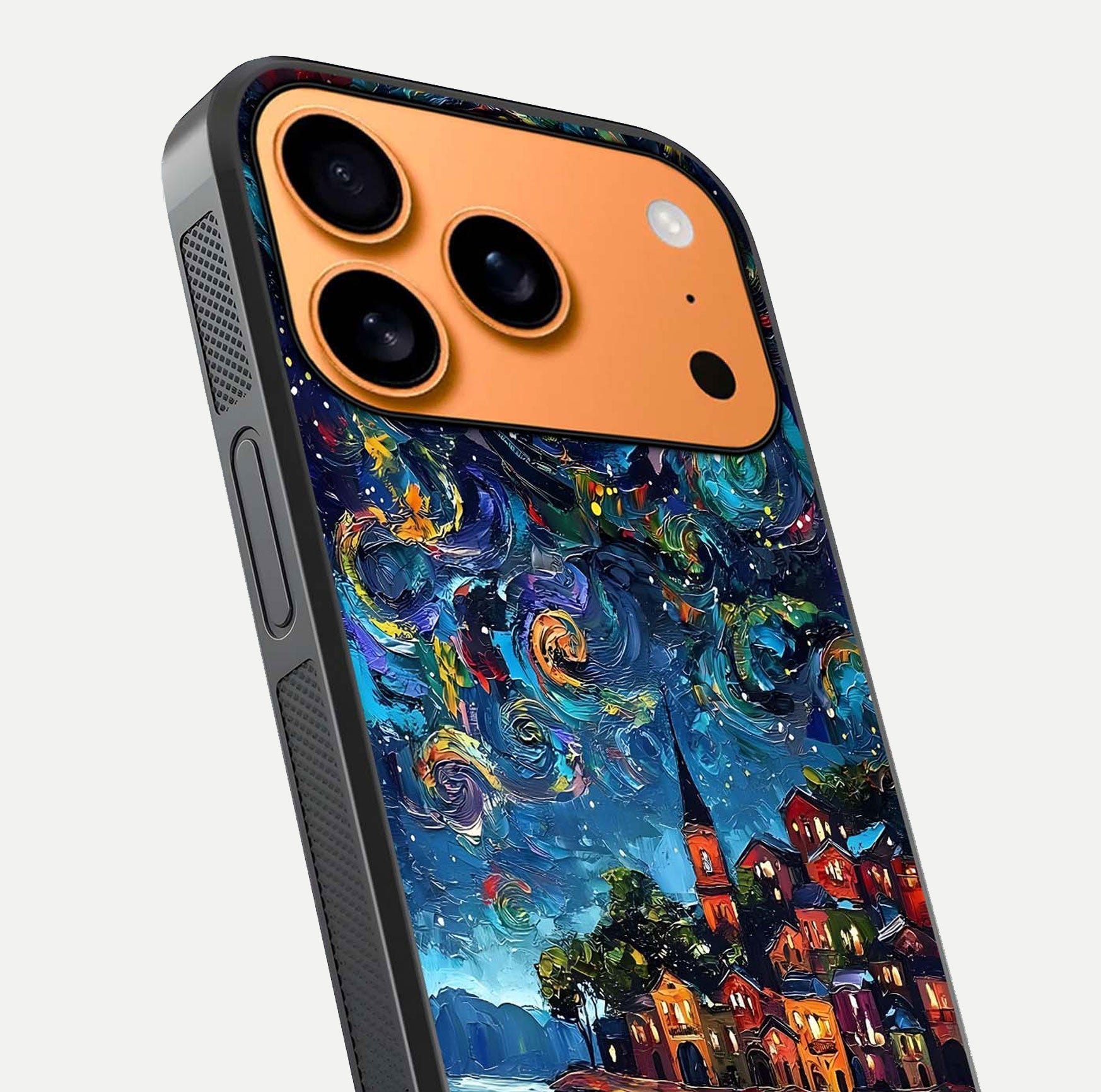 Moonlight Harbor Glow Glass Case for iPhone 17 Pro Max close-up angled shot showing reflection and moonlight glow