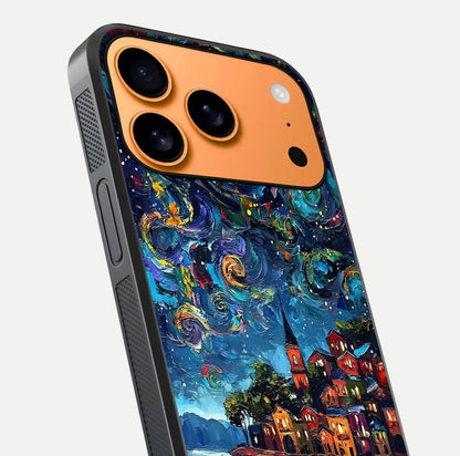 Moonlight Harbor Glow Glass Case for iPhone 17 Pro Max close-up angled shot showing reflection and moonlight glow
