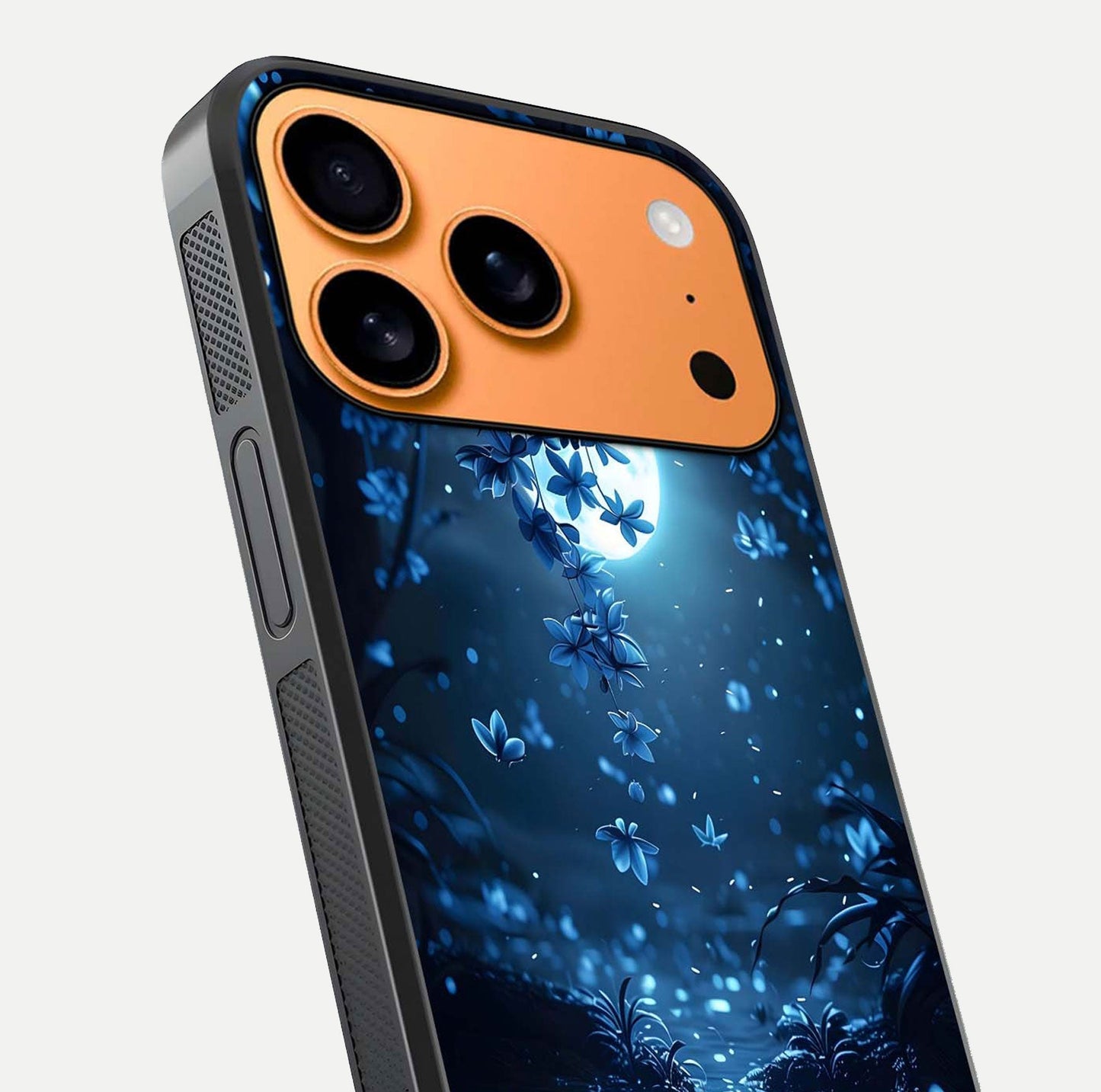 Moonlight Petal Dream Glass Case for iPhone 17 Pro Max close-up angled shot showing petal reflection and glow texture