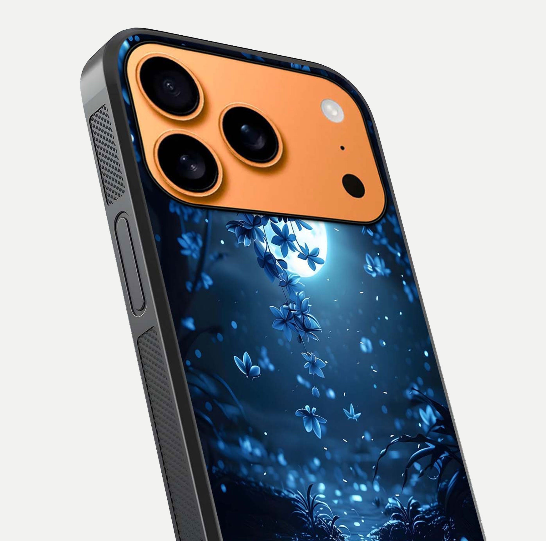 Moonlight Petal Dream Glass Case for iPhone 17 Pro Max close-up angled shot showing petal reflection and glow texture