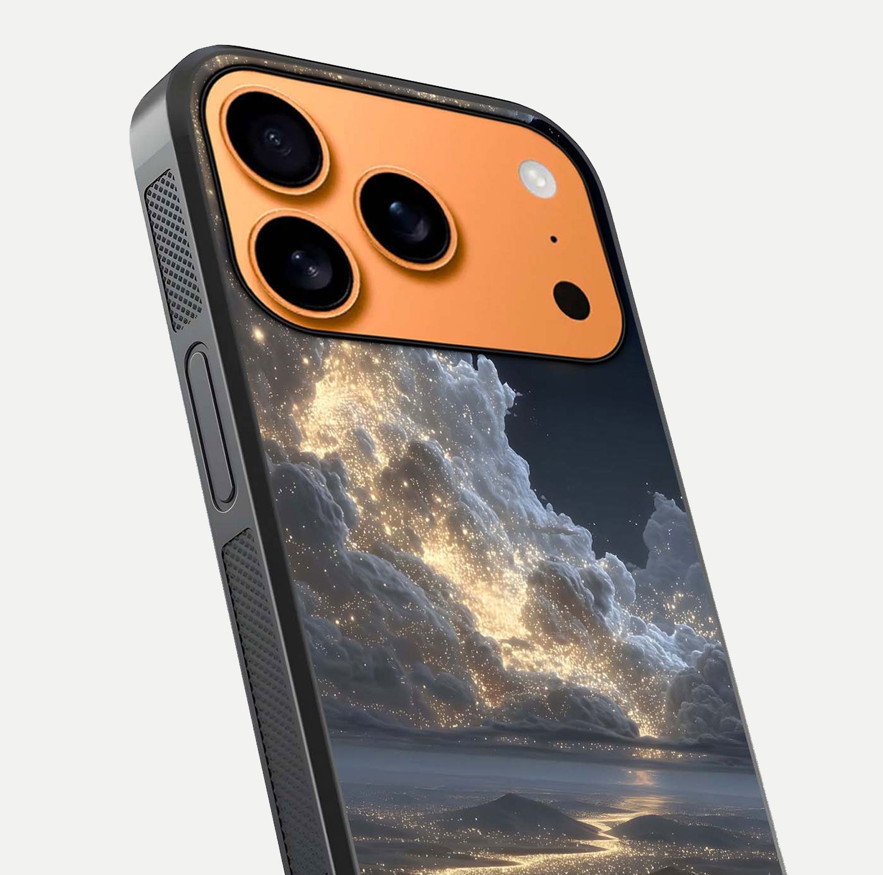 Moonlight Spark Path Glass Case for iPhone 17 Pro Max close-up angled shot showing glowing stars and reflection
