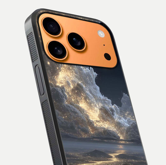 Moonlight Spark Path Glass Case for iPhone 17 Pro Max close-up angled shot showing glowing stars and reflection