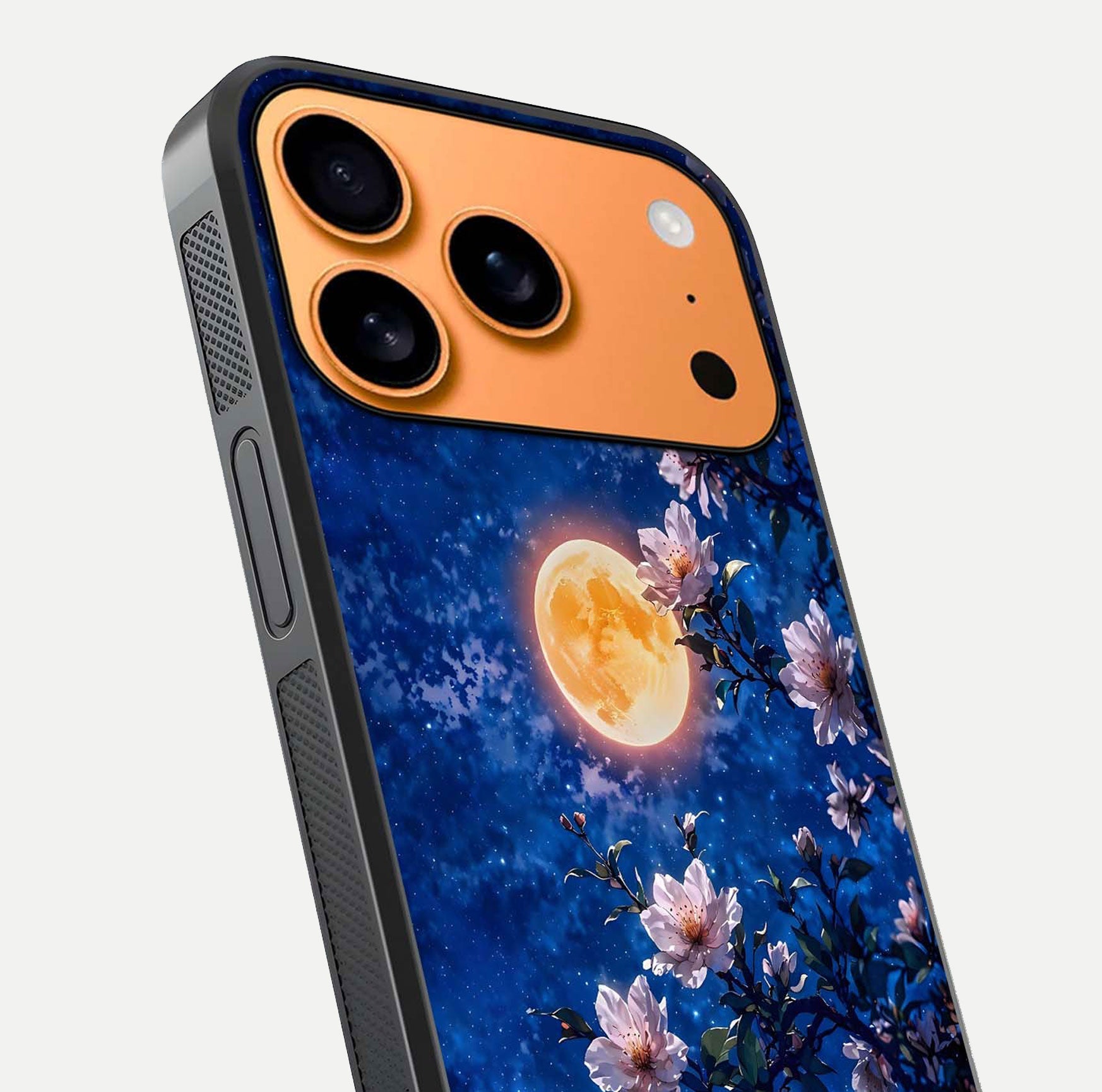 Moonlit Blossoms Night Glass Case for iPhone 17 Pro Max close-up angled shot showing petal glow and reflection detail