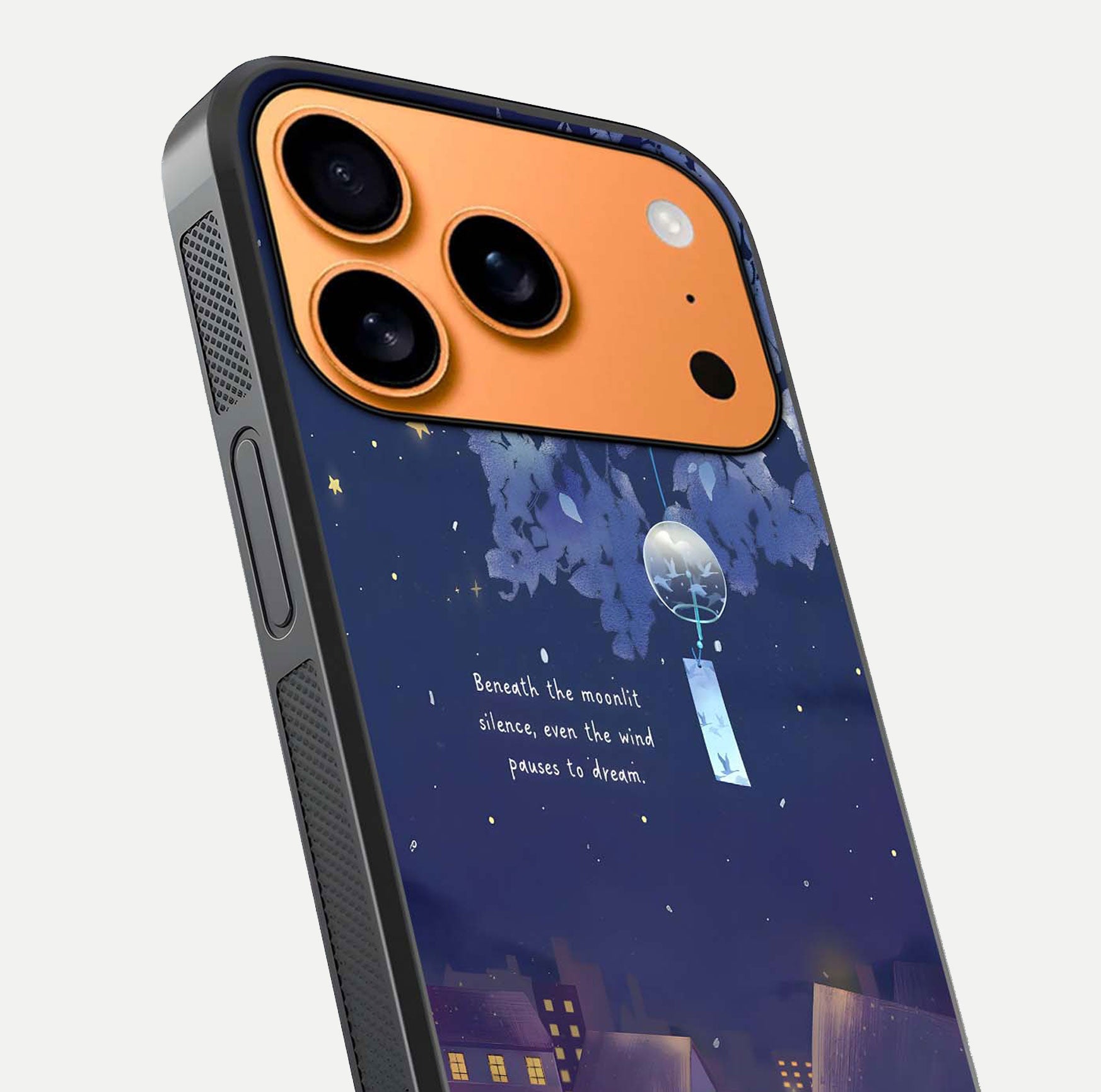 Moonlit Cat Silence Glass Case for iPhone 17 Pro Max close-up angled shot showing soft glow and reflection texture