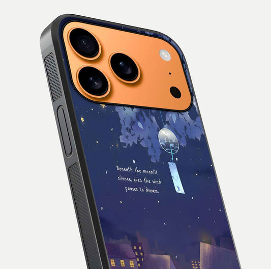 Moonlit Cat Silence Glass Case for iPhone 17 Pro Max close-up angled shot showing soft glow and reflection texture