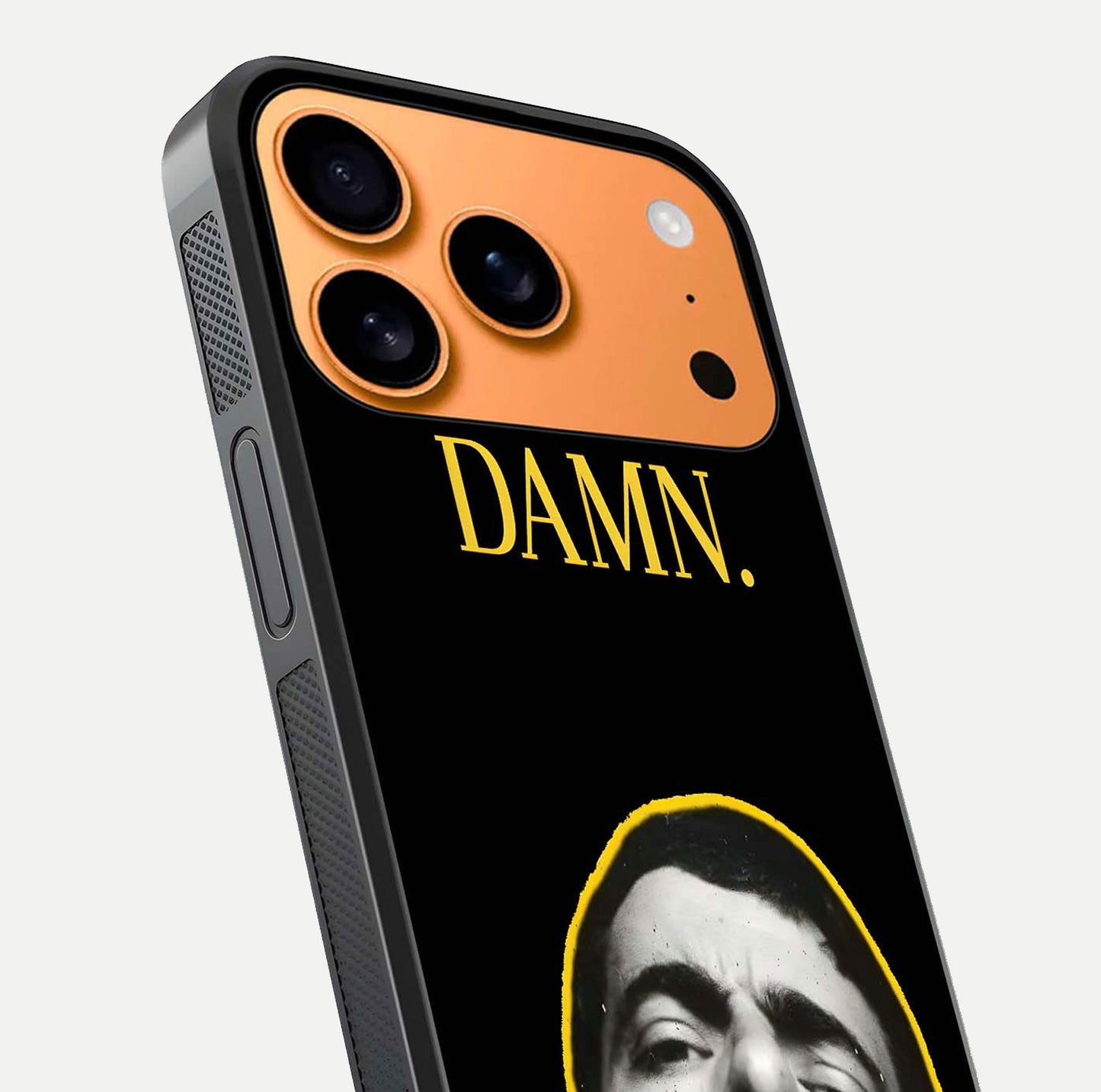 Mr Bean Damn Glass Case for iPhone 17 Pro Max close-up angled shot highlighting comic expression and shine detail