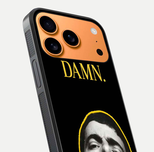 Mr Bean Damn Glass Case for iPhone 17 Pro Max close-up angled shot highlighting comic expression and shine detail
