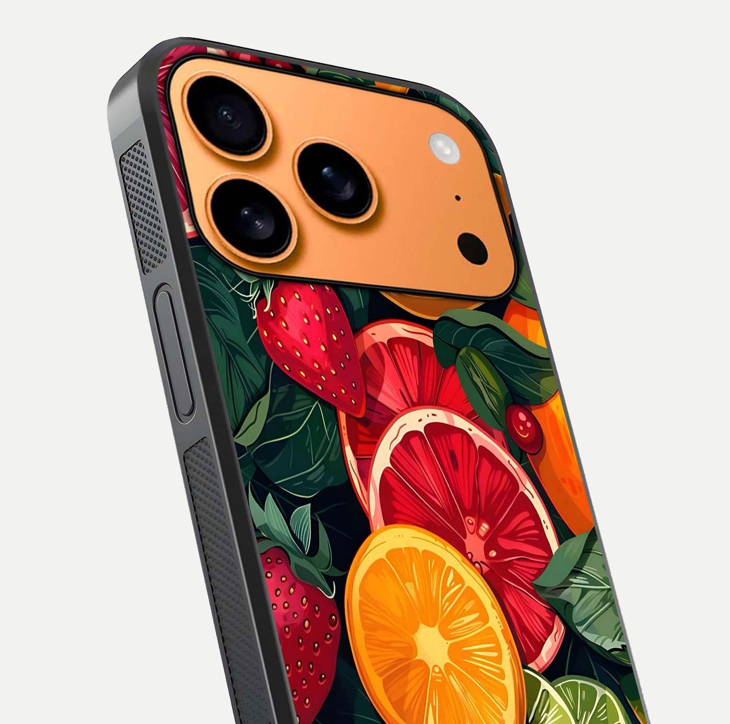 Multiple Fruits Glass Case for iPhone 17 Pro Max close-up angled shot showing fruit texture and HD gloss shine