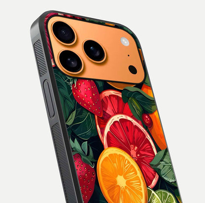 Multiple Fruits Glass Case for iPhone 17 Pro Max close-up angled shot showing fruit texture and HD gloss shine