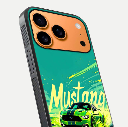 Mustang Bang Glass Case for iPhone 17 Pro Max close-up angled shot showing car emblem and HD reflection