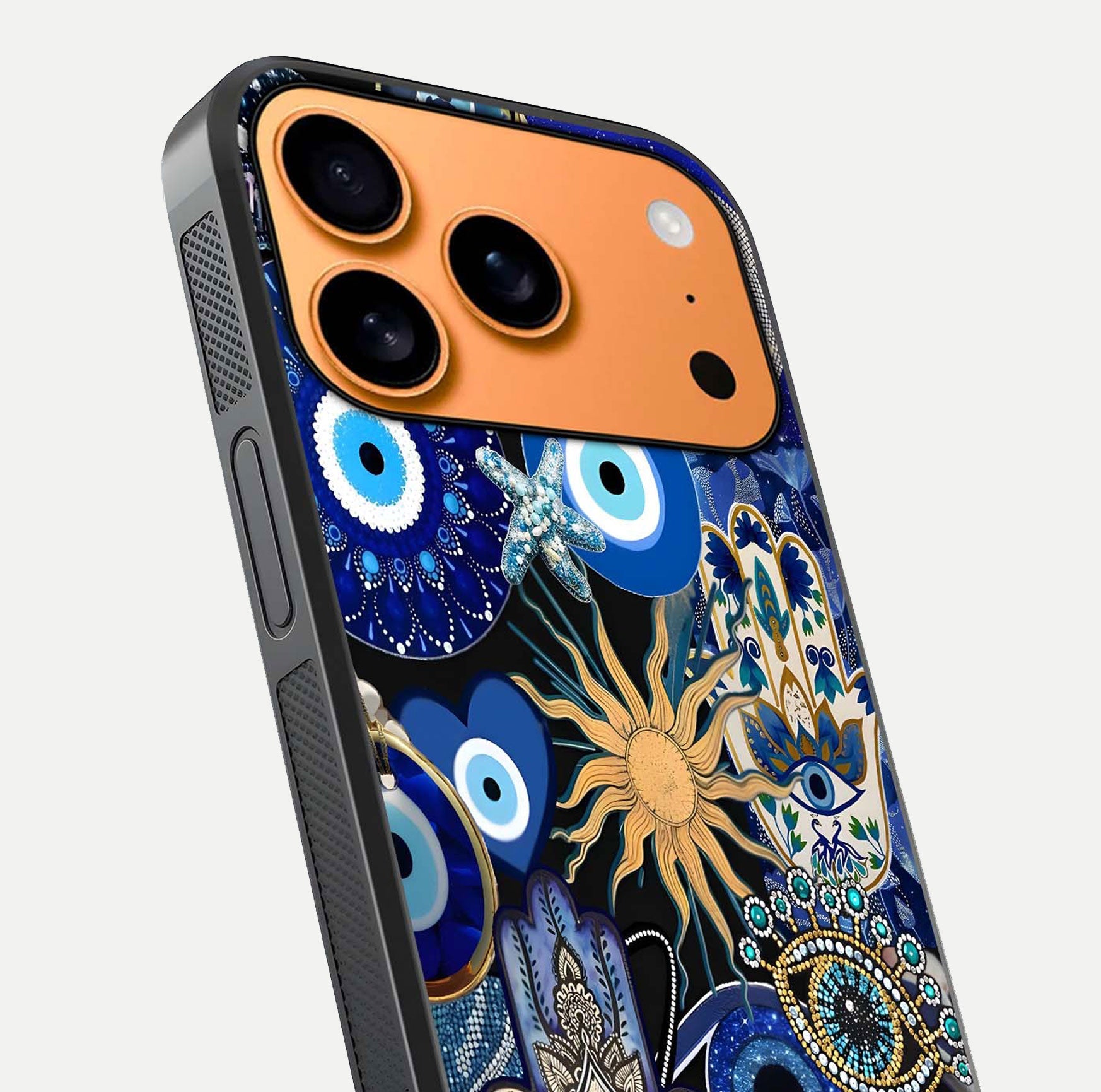 Mystic Blue Evil Eye Glass Case for iPhone 17 Pro Max close-up angled shot highlighting mystical glow and HD reflection