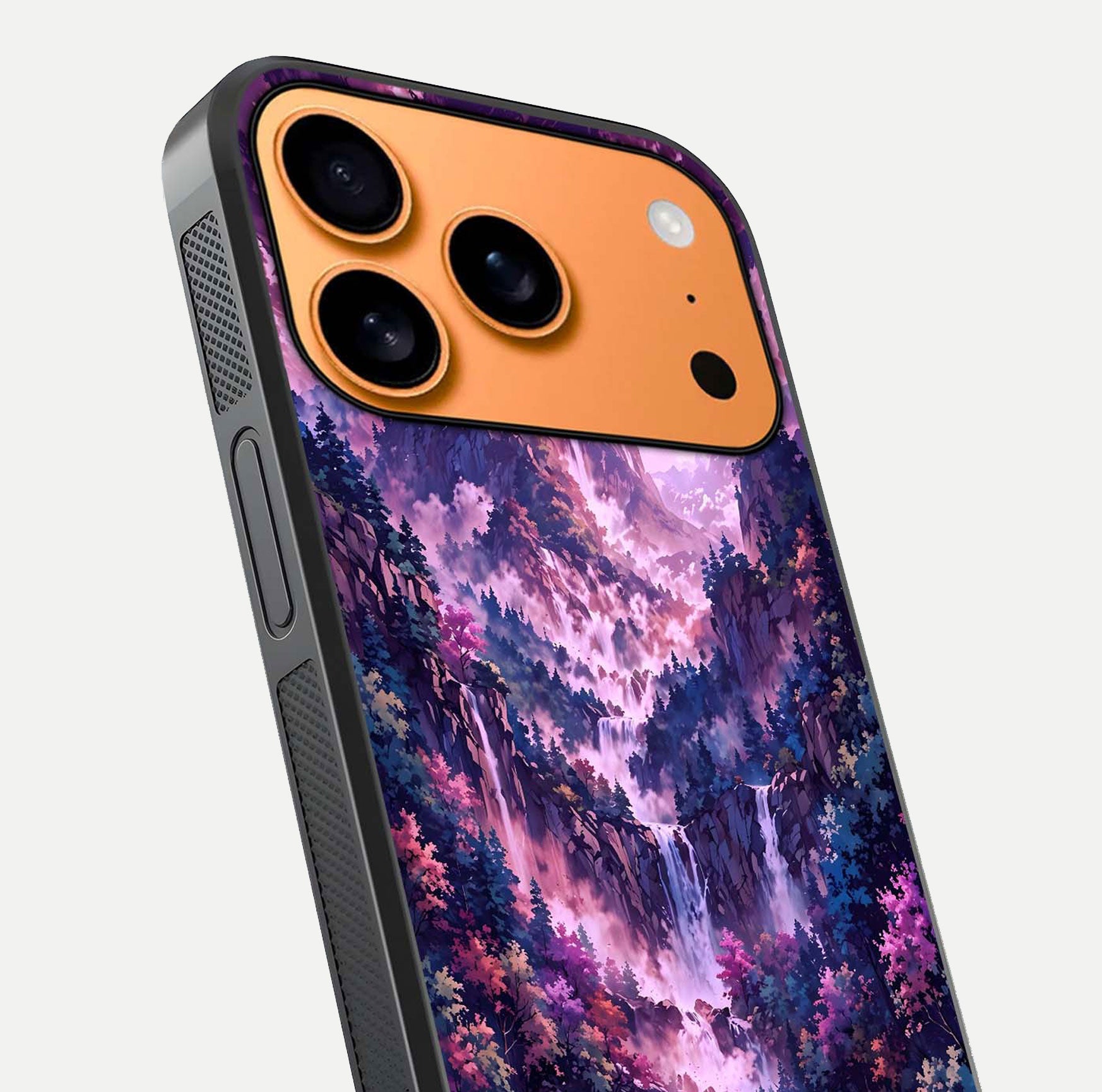Mystic Cascade Peaks Glass Case for iPhone 17 Pro Max close-up angled shot showing peak reflections and color gradient