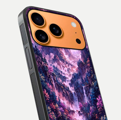 Mystic Cascade Peaks Glass Case for iPhone 17 Pro Max close-up angled shot showing peak reflections and color gradient