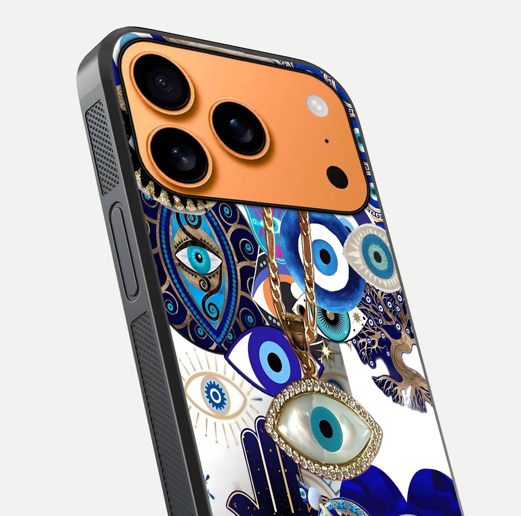 Mystic Charm Eye Glass Case for iPhone 17 Pro Max close-up angled shot showing detailed eye art and reflection