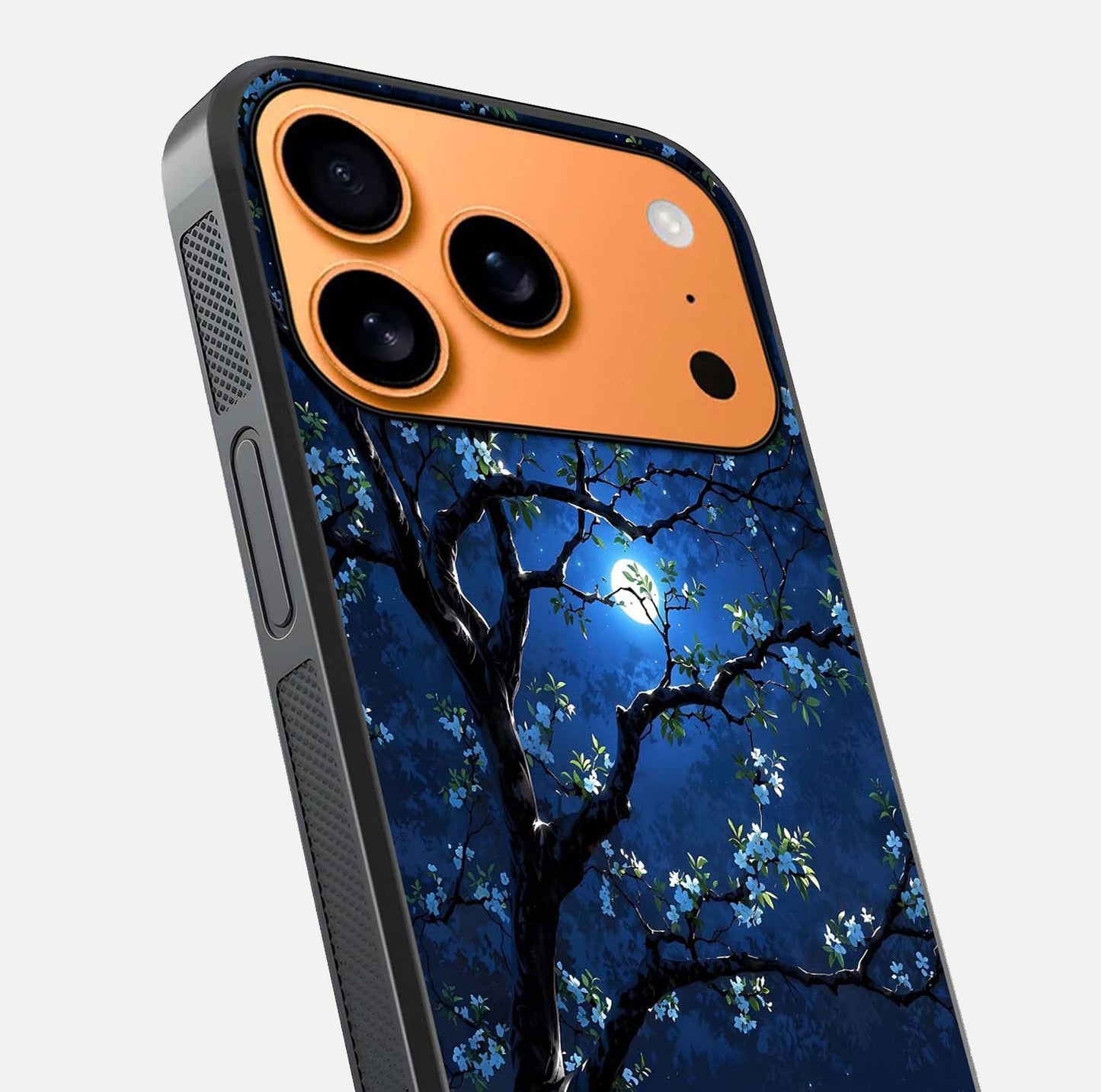 Mystic Floral Night Glass Case for iPhone 17 Pro Max close-up angled shot highlighting petal detail and HD reflection