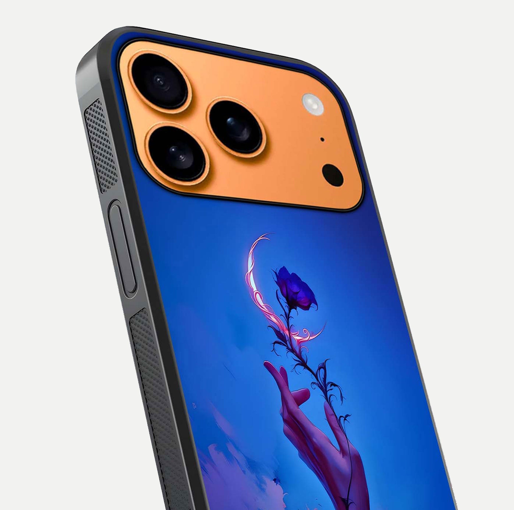 Mystic Hand Glass Case for iPhone 17 Pro Max close-up angled shot showing spiritual markings and reflection