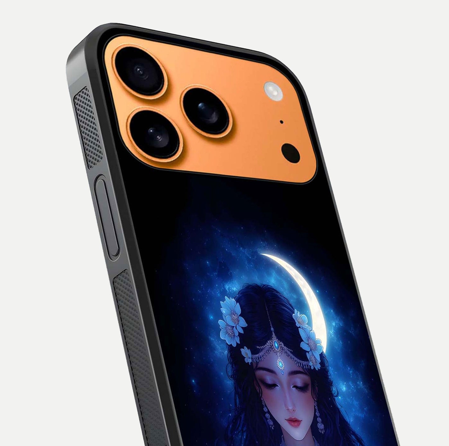 Mystic Moon Queen Glass Case for iPhone 17 Pro Max close-up angled shot showing shine and lunar tones