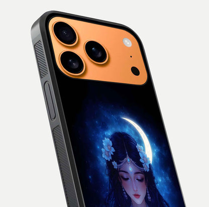 Mystic Moon Queen Glass Case for iPhone 17 Pro Max close-up angled shot showing shine and lunar tones