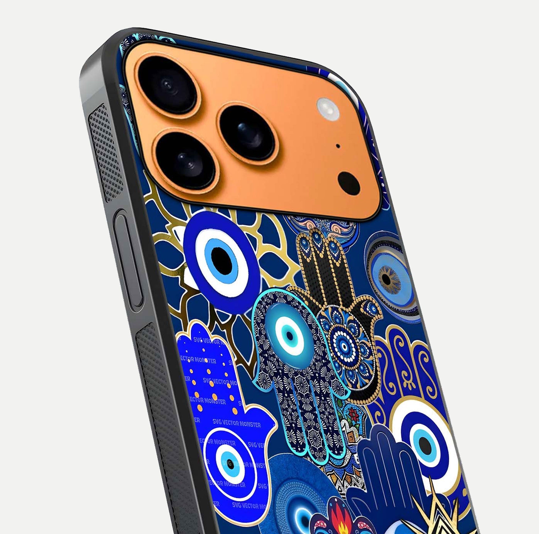 Mystic Palm Guard Glass Case for iPhone 17 Pro Max close-up angled shot showing eye symbol and fine texture