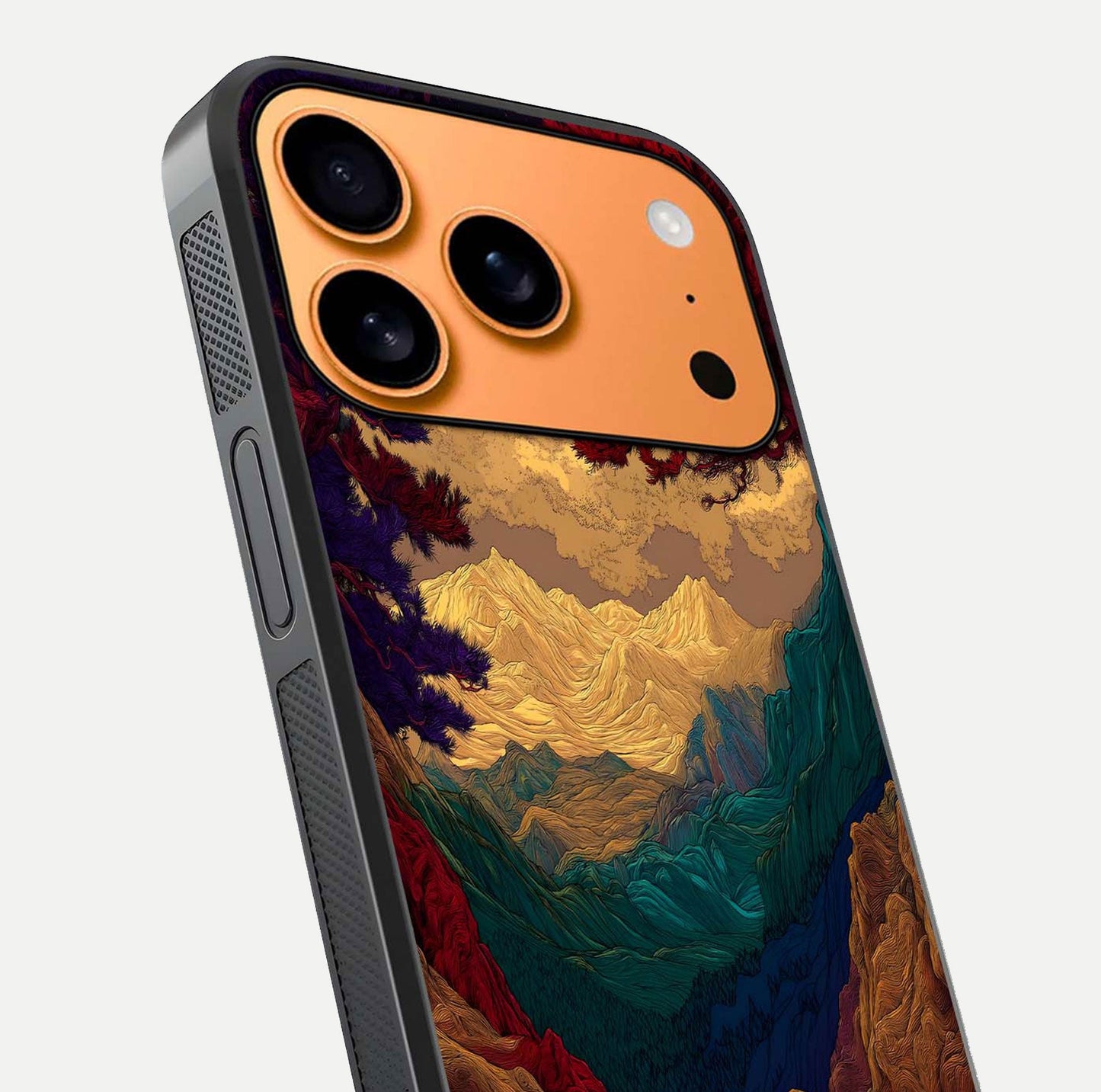 Mystic Valley Light Glass Case for iPhone 17 Pro Max close-up angled shot highlighting gradient sky and reflection