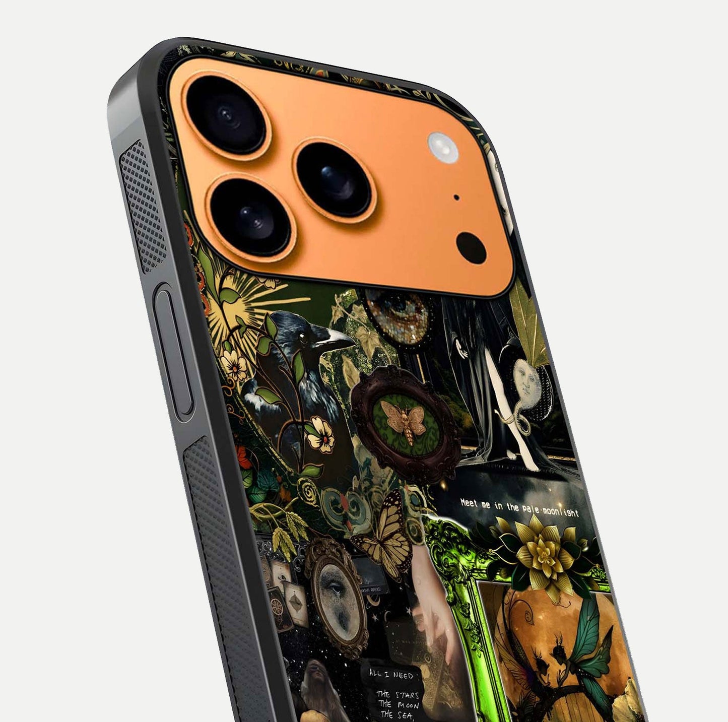Mystic Woods Secret Glass Case for iPhone 17 Pro Max close-up angled shot highlighting tree texture and reflection