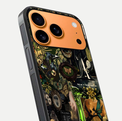 Mystic Woods Secret Glass Case for iPhone 17 Pro Max close-up angled shot highlighting tree texture and reflection
