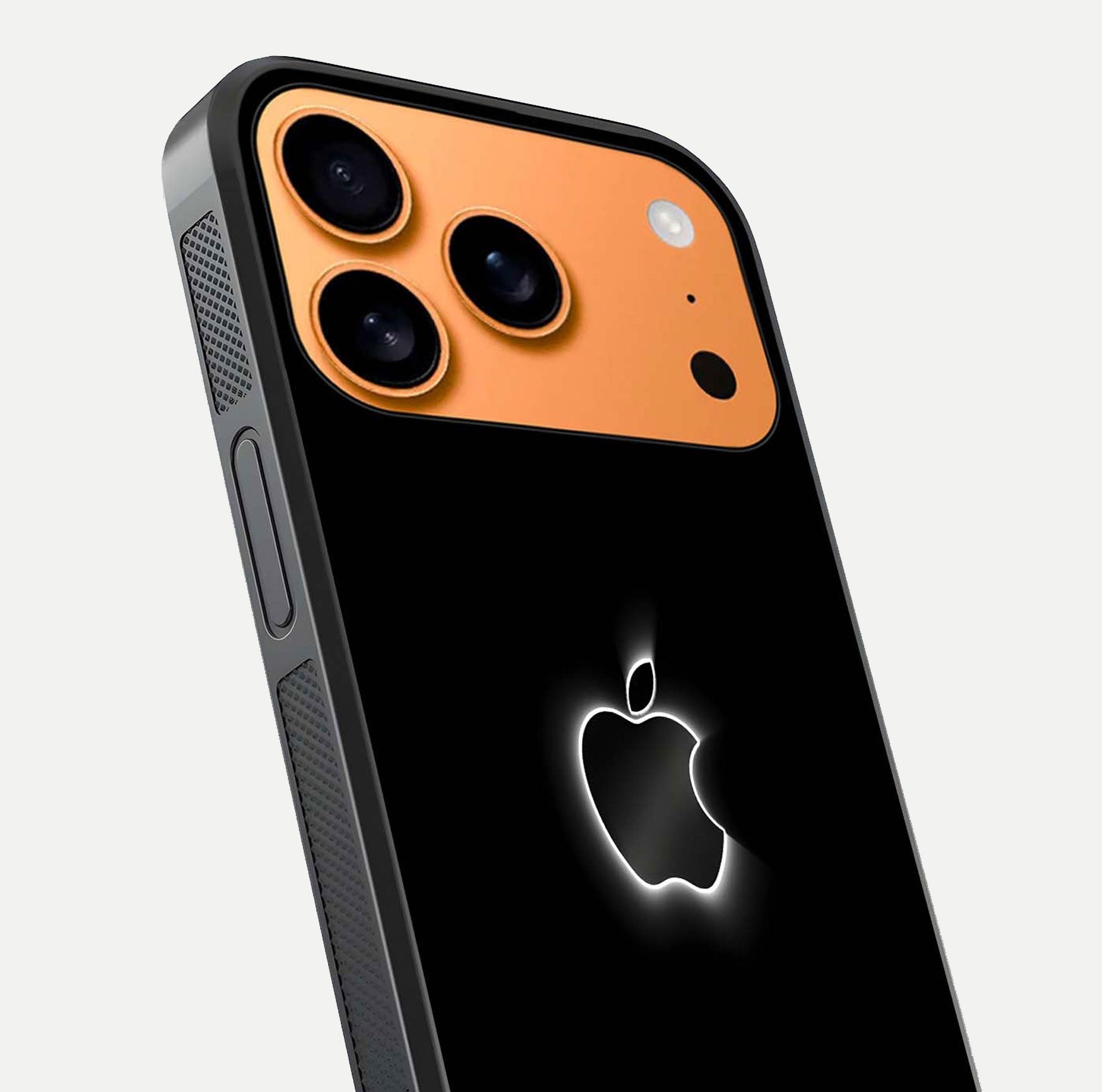 Neon Apple Glow Glass Case for iPhone 17 Pro Max close-up angled shot highlighting neon reflection and color pop
