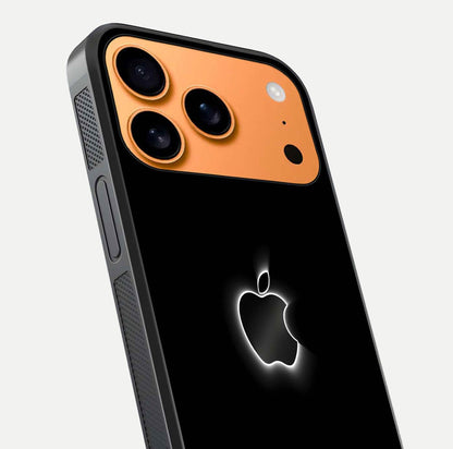 Neon Apple Glow Glass Case for iPhone 17 Pro Max close-up angled shot highlighting neon reflection and color pop