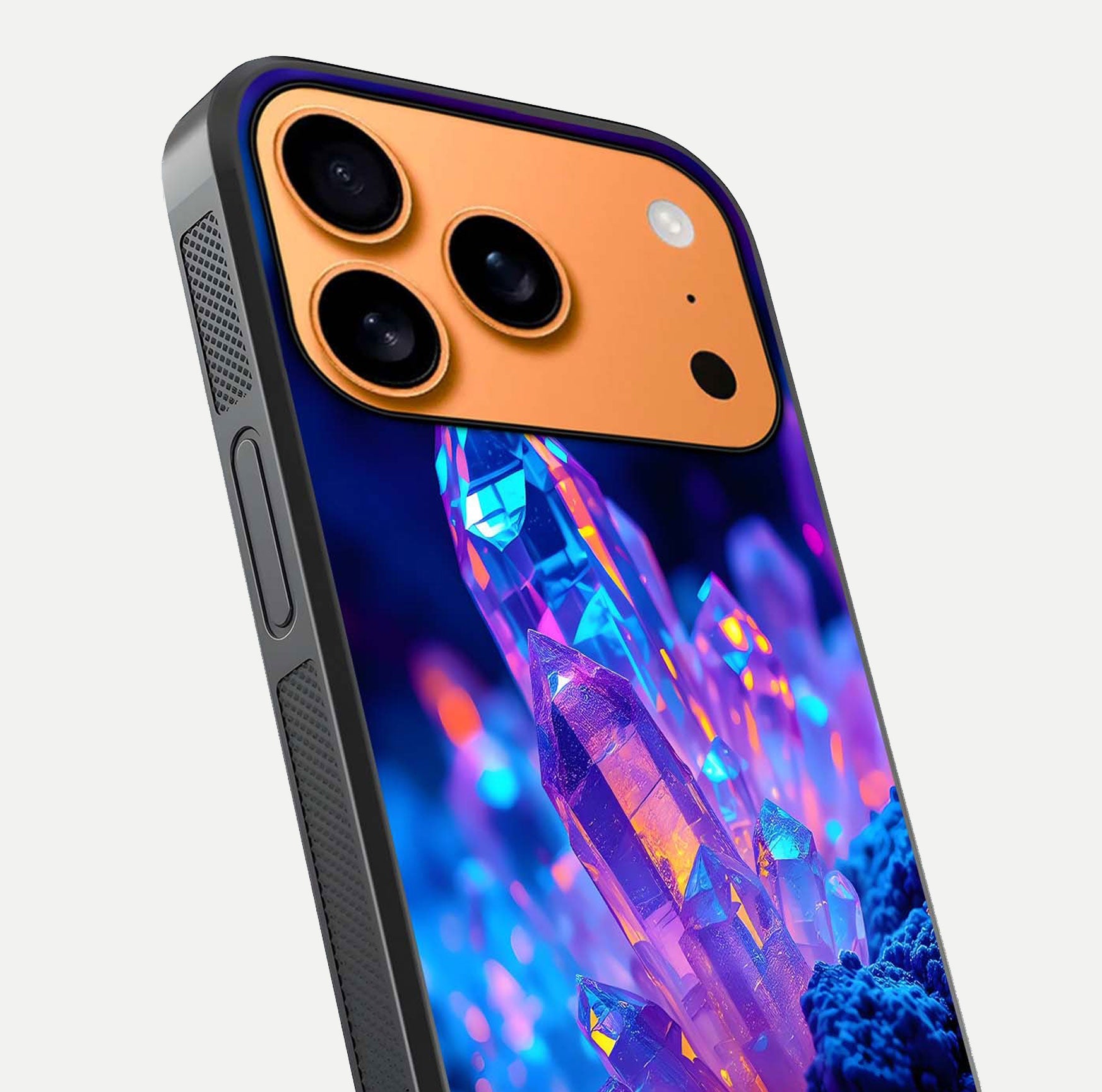 Neon Aura Shards Glass Case for iPhone 17 Pro Max close-up angled shot highlighting fragment pattern and reflection