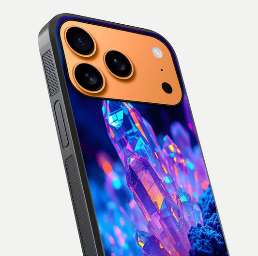 Neon Aura Shards Glass Case for iPhone 17 Pro Max close-up angled shot highlighting fragment pattern and reflection