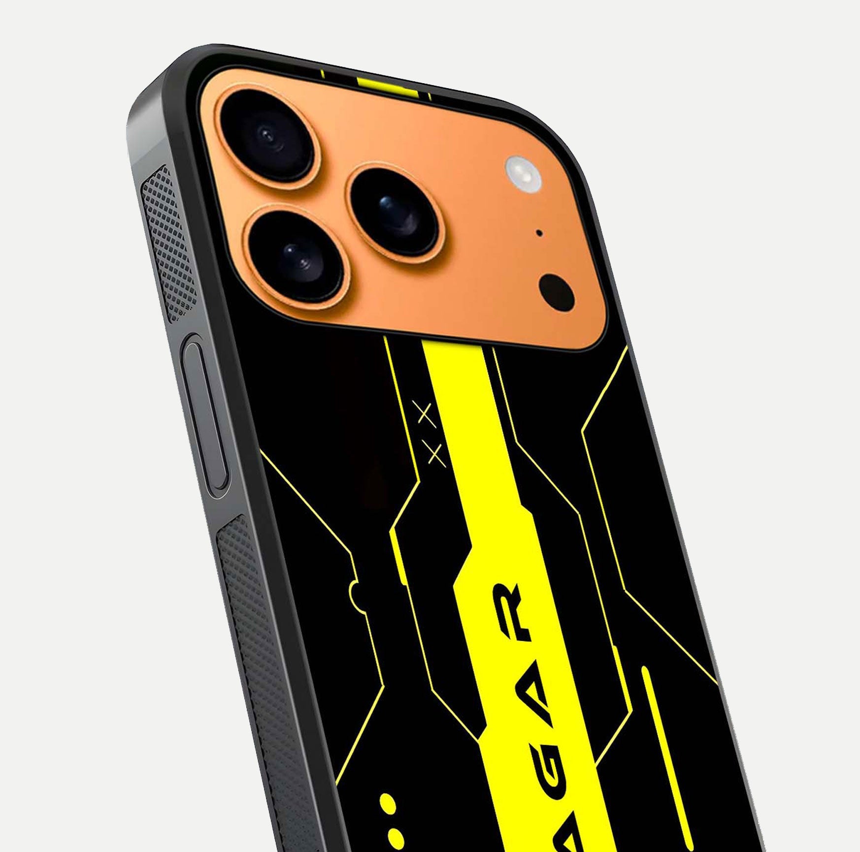 Neon CYBERPUNK Custom Name Glass Case for iPhone 17 Pro Max close-up angled shot highlighting electric colors and reflection